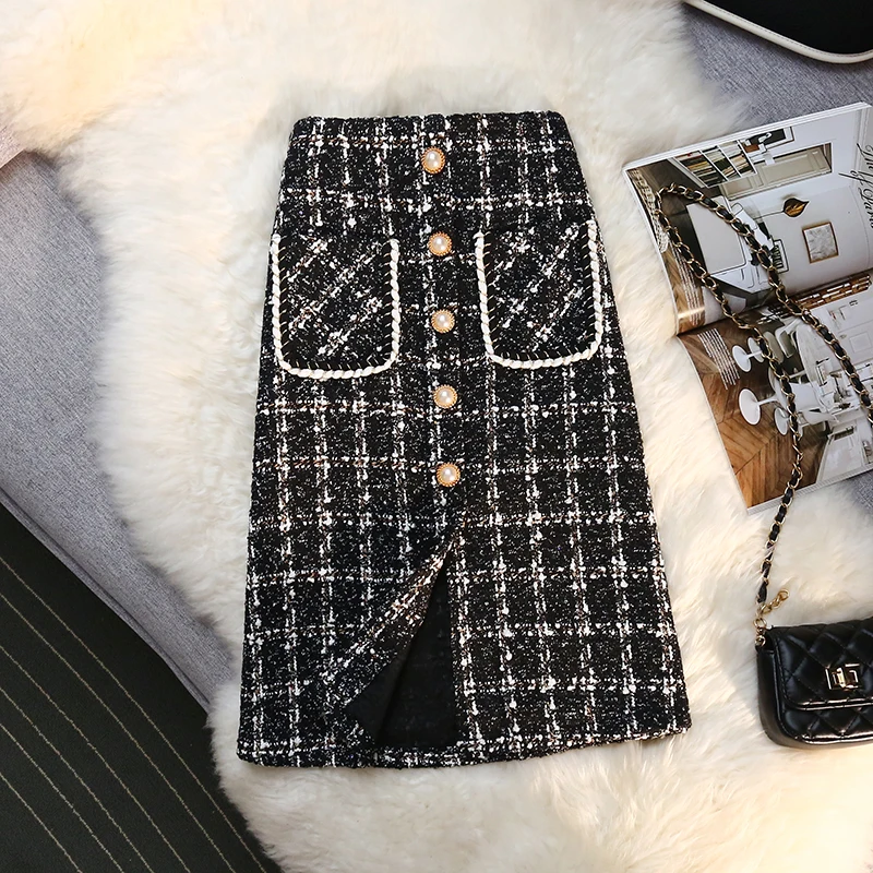 نمط Ayu الخريف الشتاء اللؤلؤ تويد الصوف تنورة المرأة طويلة عالية الخصر زر خمر تحقق H-خط تنورة Sk0582