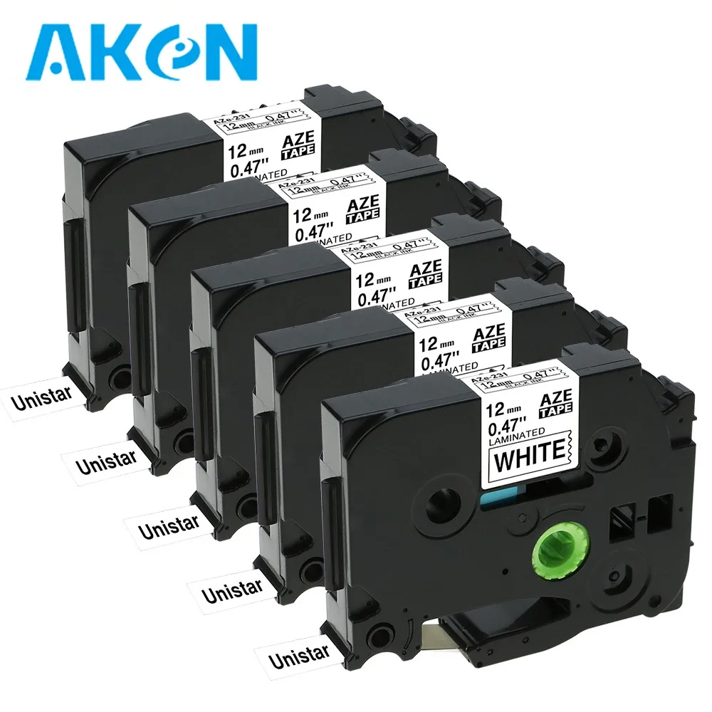 Aken 5pk 12mm Label Tape Compatible for Brothe P-touch Label Maker Black on white Aze-231 for  H110 H200 P710BT Label Printer