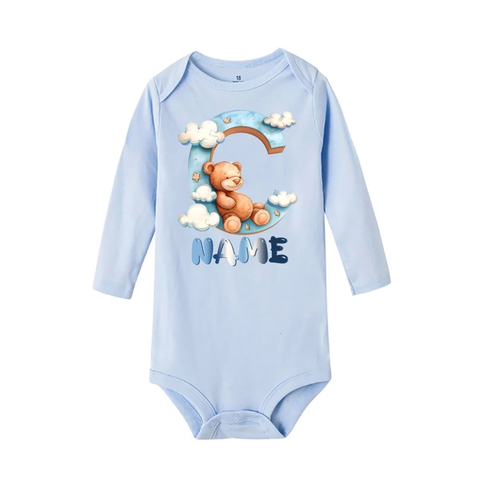 Personalized Cloud Bear&Alphabet Print Baby Bodysuit Custom Name Long Sleeve Infant Romper Casual Fashion Round Neck Clothes