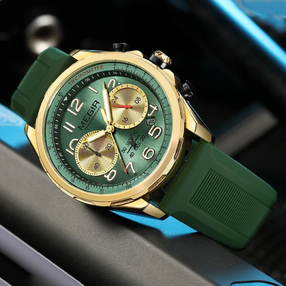 MEGIR Luxury Fashion Watches for Mens Silicone Band Military Waterproof Sports Chronograph Quartz WristWatch with Auto Date