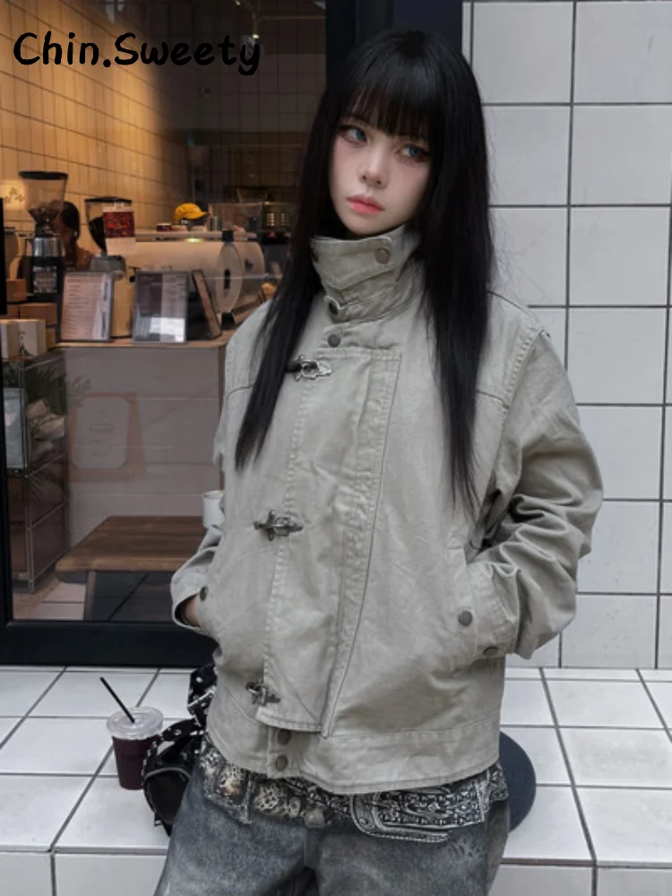 

Уличная рабочая одежда с воротником-стойкой, женские однотонные однобортные куртки с длинными рукавами и карманами, мужское пальто 2026, весенняя женская винтажная верхняя одежда