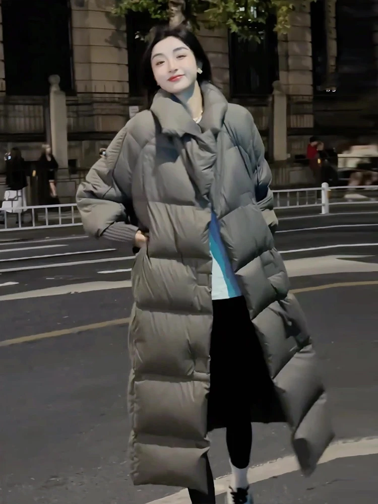 

Faionable Thiened White Du down Jaet Women's Long Straight Cut Stand Collar Winter Outerwear Commute Sle Puffer Coat