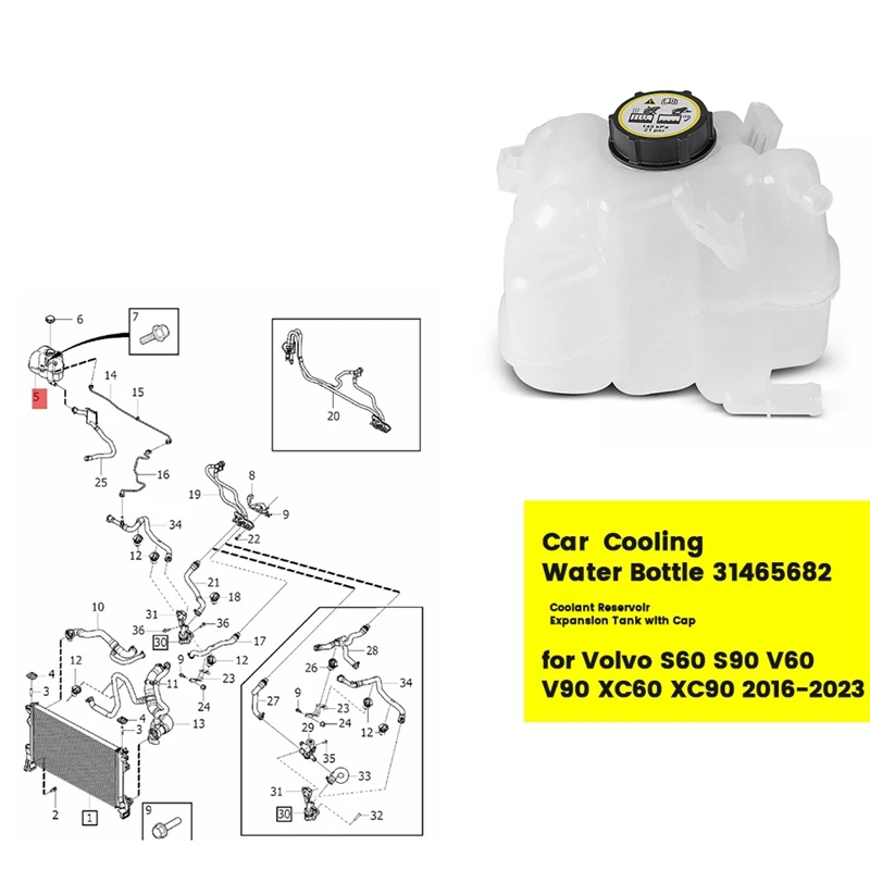 Car Coolant Reservoir Expansion Tank W/ Cap 31465682 For Volvo S60 S90  V90 XC60 XC90 2016-2023 Cooling Water Bottle