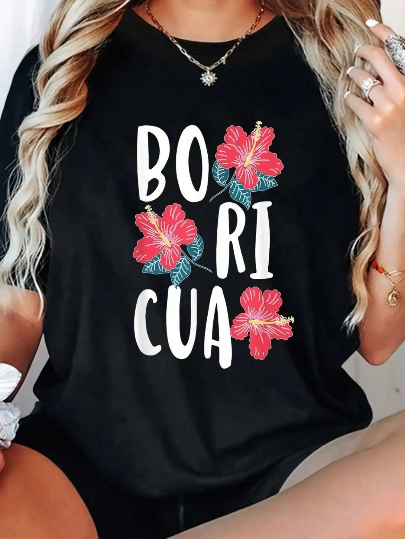 

180g Printed Round Neck Short Sleeve T-Shirt Boricua Flowers Latina Puerto Rican Girl Puerto Rico Woman T-Shirt