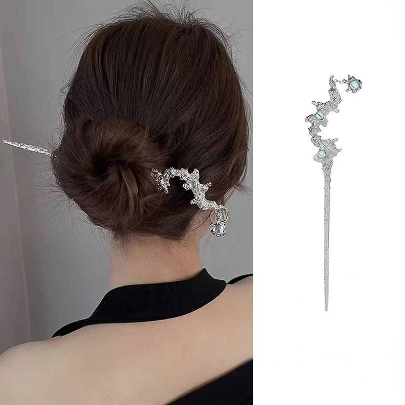 Vintage Moonstone Hair Sticks for Women Retro Chinese Tasssel Butterfly Hairpin Disk Hairsticks Hair Chopsticks Hair Accessories