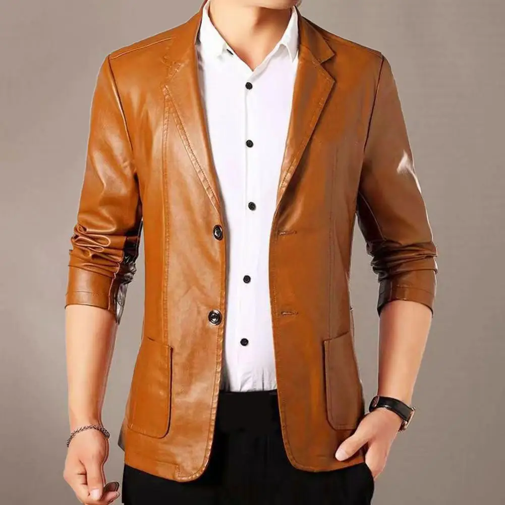 Men Jacket Stylish Lapel Collar Men's Jacket with Button Cuffs Pocket Faux Leather Coat for Outdoor Business