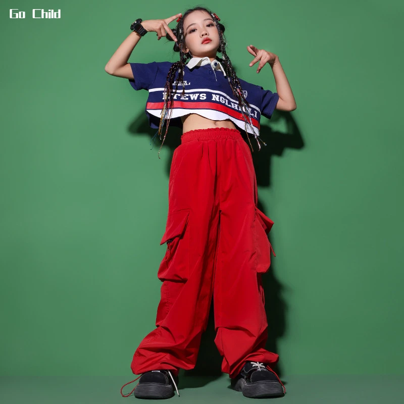 Ensemble de vêtements Hip Hop pour enfants, haut court pour filles, pantalon baggy cargo rouge, t-shirt polo pour enfants, t-shirt pour adolescents,