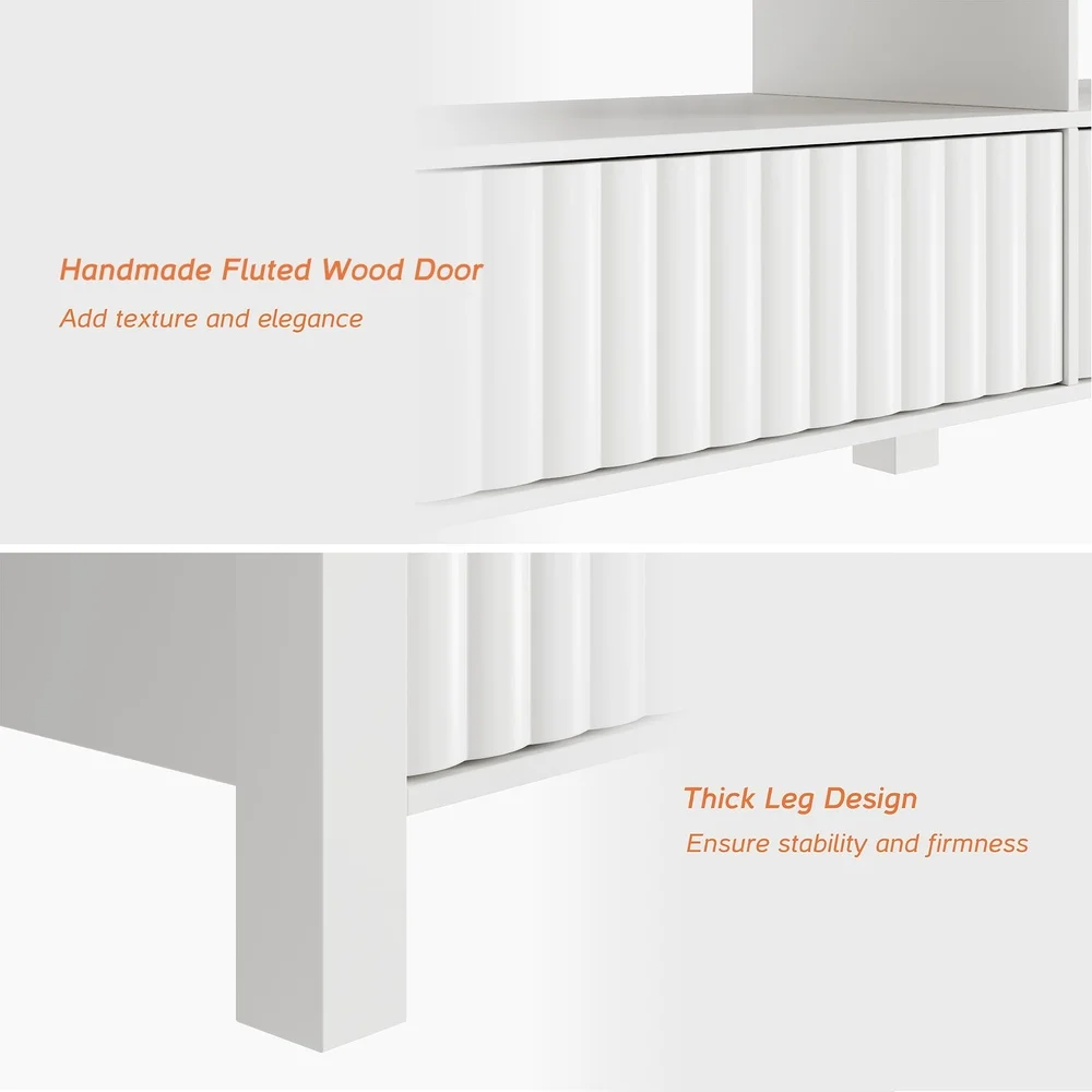 حامل تلفزيون مدفأة بيضاء مقاس 75 بوصة مع مدفأة كهربائية، خزائن تخزين بإضاءة LED لغرفة المعيشة وغرفة النوم