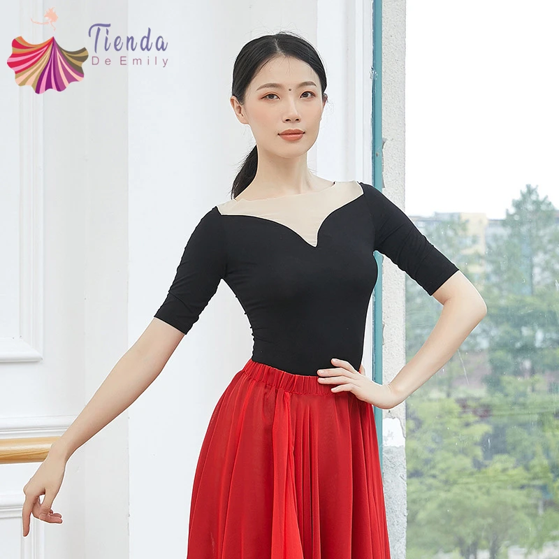 

Classical Dance Top Spliced Gauze Mesh Shirt Women Elegant Middle Sleeve Blouse Chic Preformance Costume Modern Training Clothes