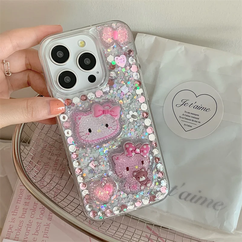 Luxury Cute Pink Bling Glitter Hello Kitty Heart Love Bow Phone Case For iPhone 15 14 13 12 Pro Max Y2k Cartoon KT lovely Cases