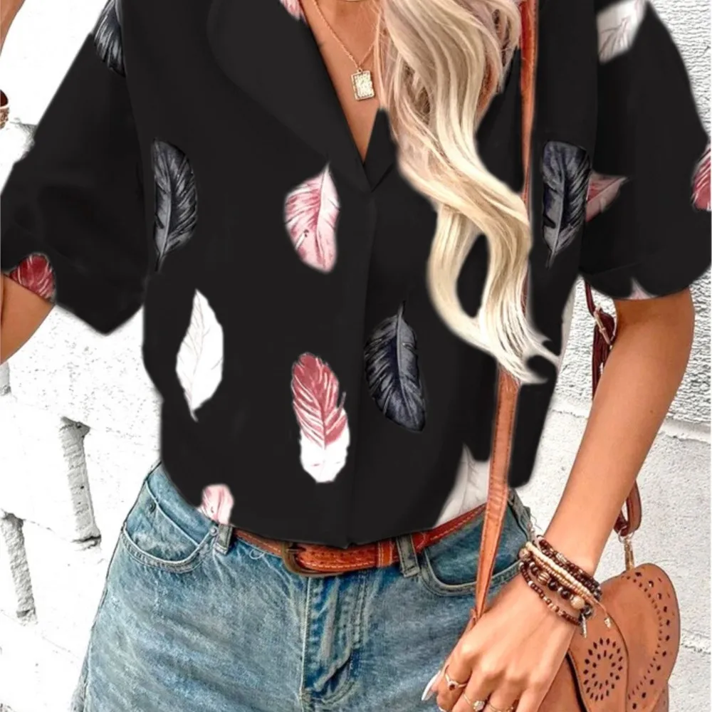 

Women's summer new collar feather print shirt short sleeved temperament commuting office shirt tops mujer verano 2025