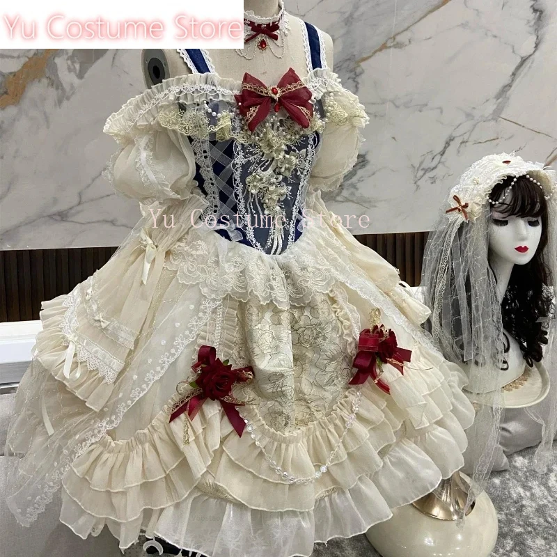

Japanese Sweet Lolita Princess Dress Women Elegant VintageBowOff ShoulderLace Mesh Pearl Evening Party Dresses Lolita Yu Costume