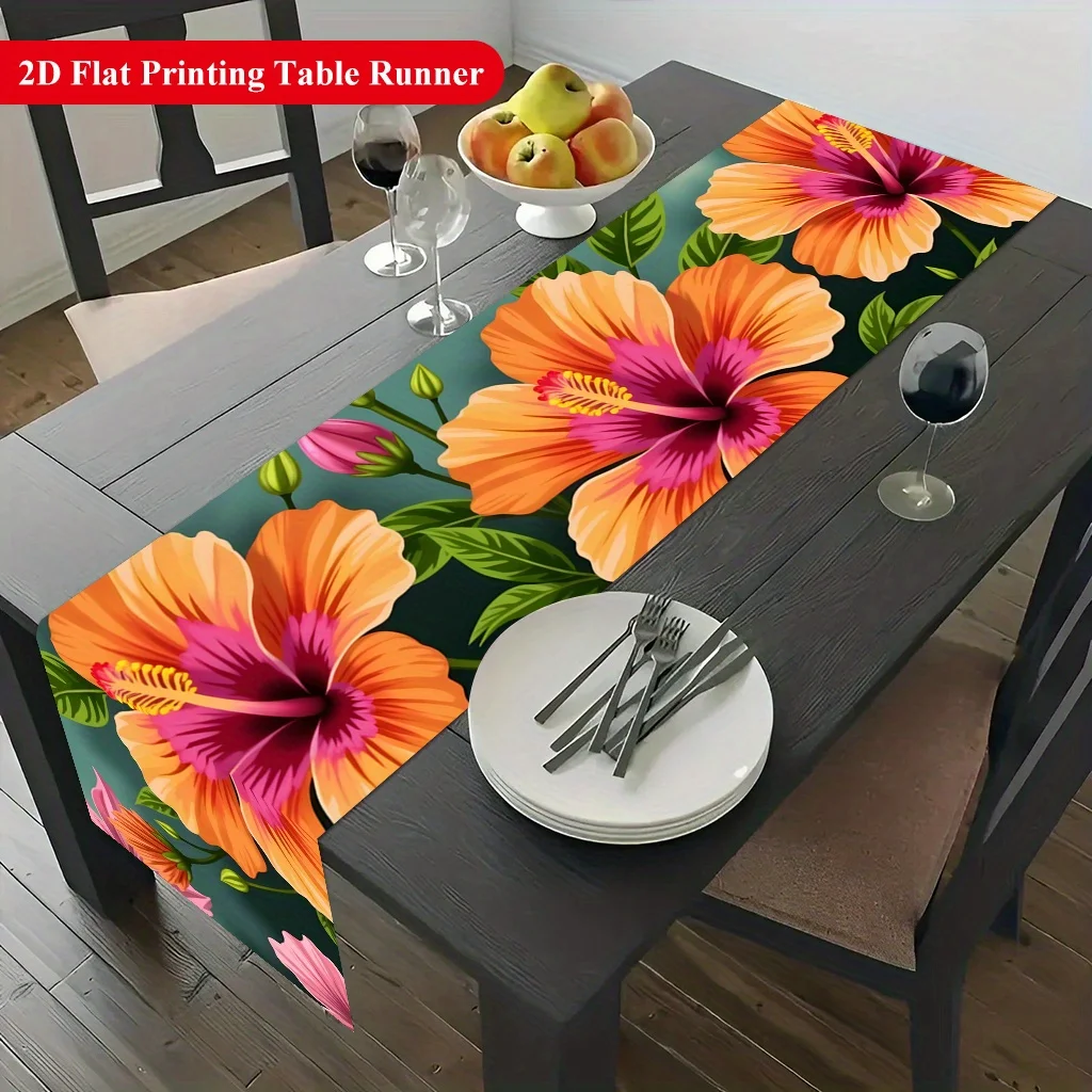 1pc 2D Flat Table Runner, Hibiscus & Green Leaves Printed Rectangle Table Runner, Decor for Dining Table, Coffee Table, Kitchen