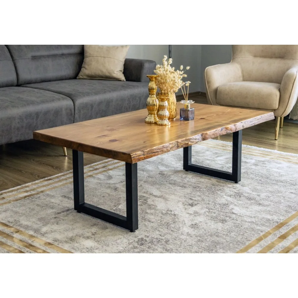 XMSJ mesa de madeira maciça com pernas em forma de U, Live Edge Coffee Table, Mesa de café moderna