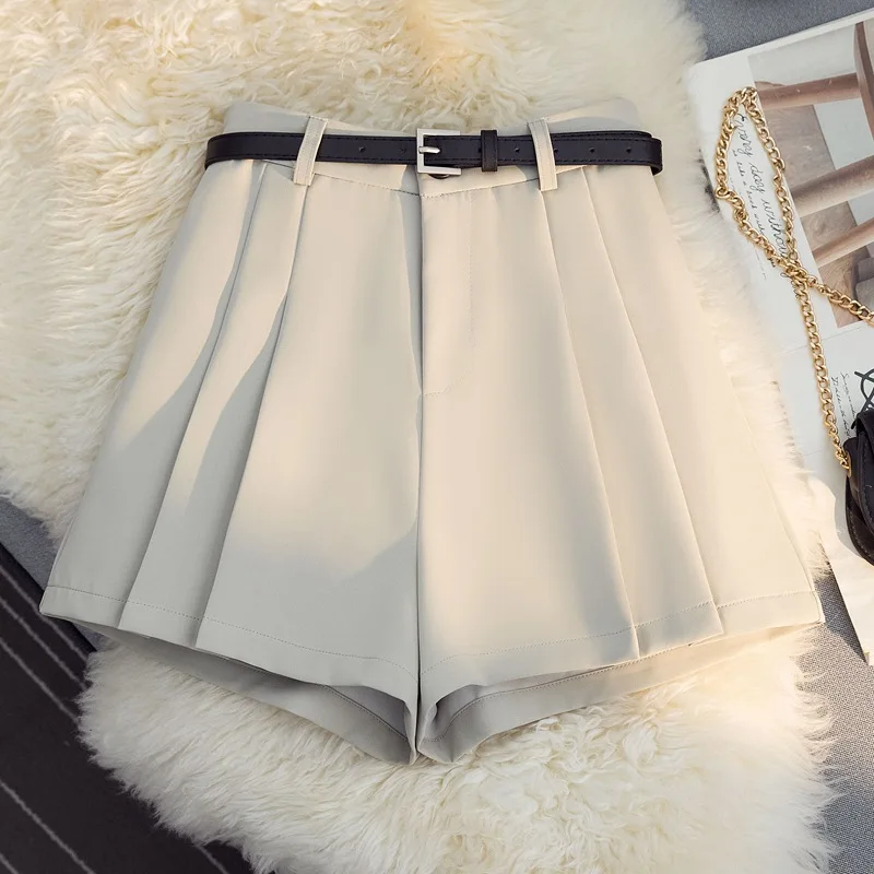 2024 Elegant Solid Pleated Women Suit Shorts With Belt Summer High Waist Loose Wide Leg Pleated OL Office Lady Shorts Korea New