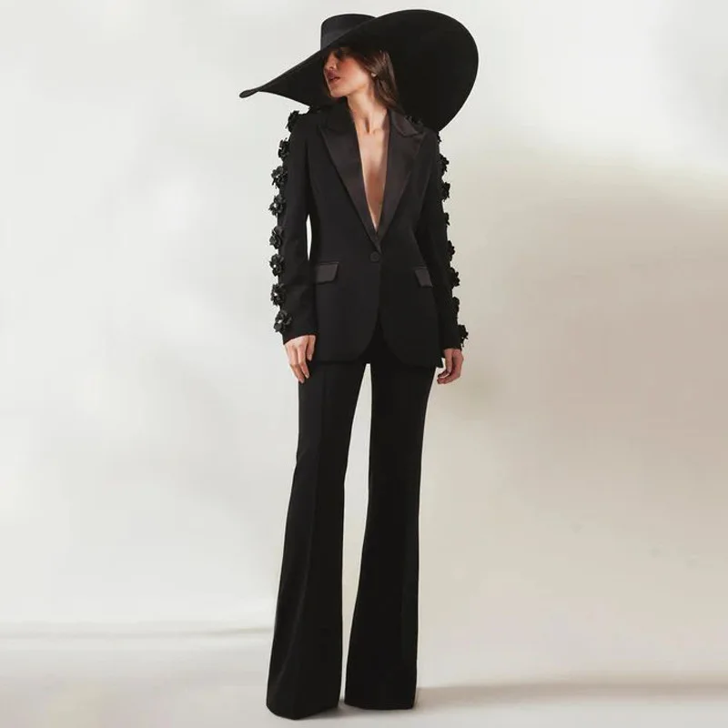 

Fashion high-end suit decorative flower suit women's party dress trousers two-piece set simple temperament elegant versatile hig