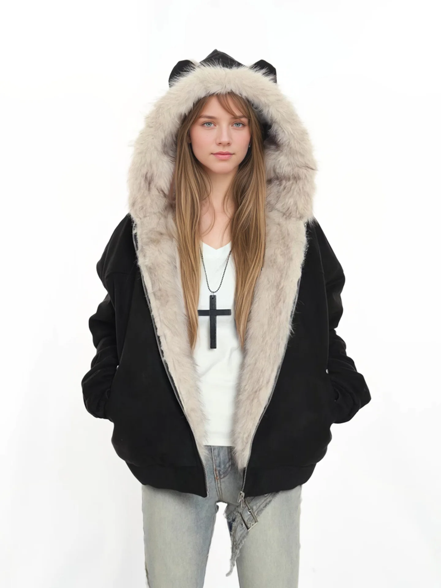 Women's Winter Suede Fur Collar Hooded Coat Thickened Cat's Ears Steamed Bread Shaped Seat Mountain Carved Cotton Padded Jacket