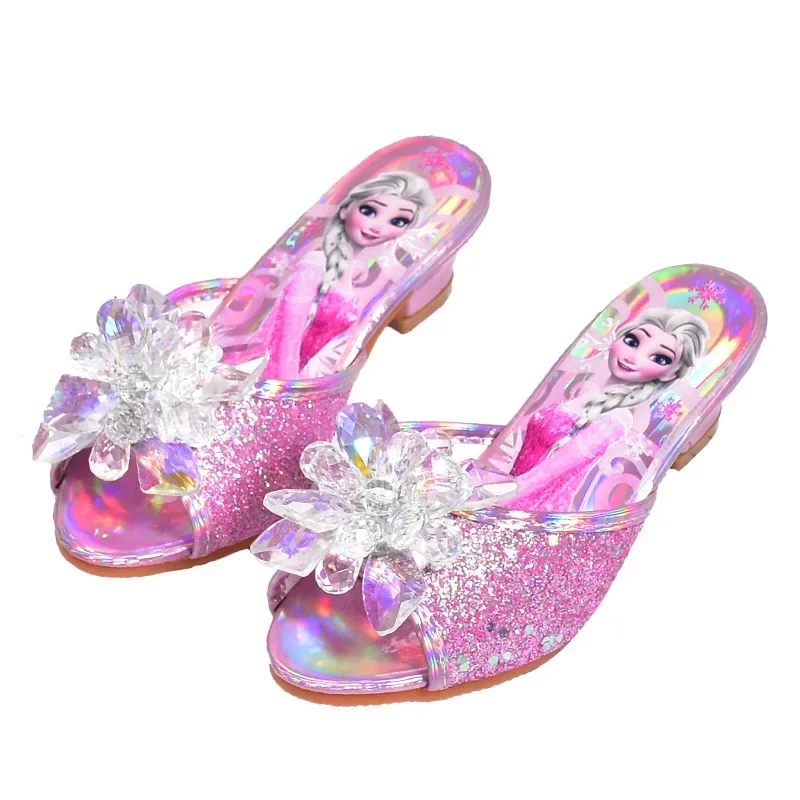 Disney Frozen Princess Elsa Shoes Slippers Girls\' High Heels Mules Fashion Crystal Shoes Children\'s Summer Sandals Size 26-37