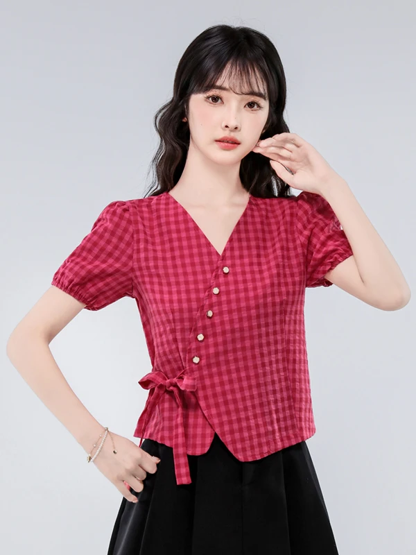 Summer New Women's Short Sleeve Shirt Dragon Fruit Color Checkered V-Neck Irregular  Knot Regular Shoulder Fit Cotton view 4