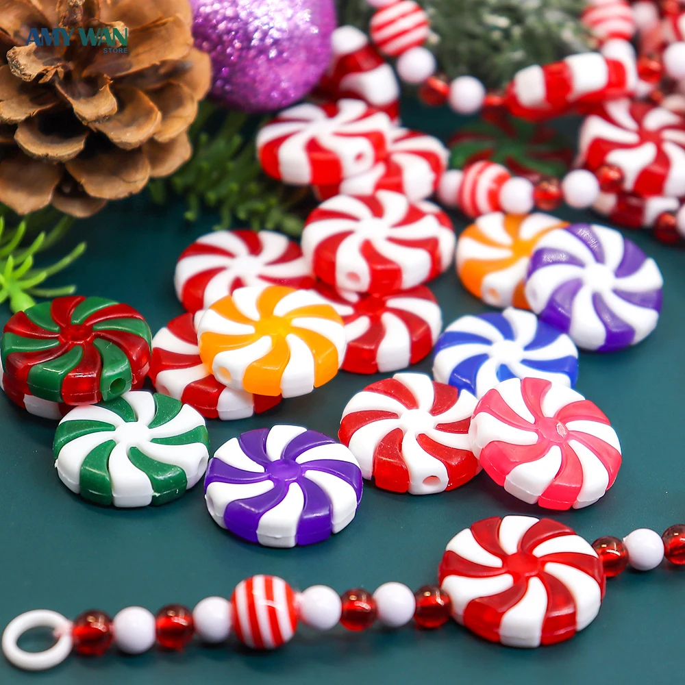 50pcs Christmas Candy Ornaments Plastic Colorful Peppermint Hanging Decor for Home Fake Candies Xmas Tree Pendants DIY New Year