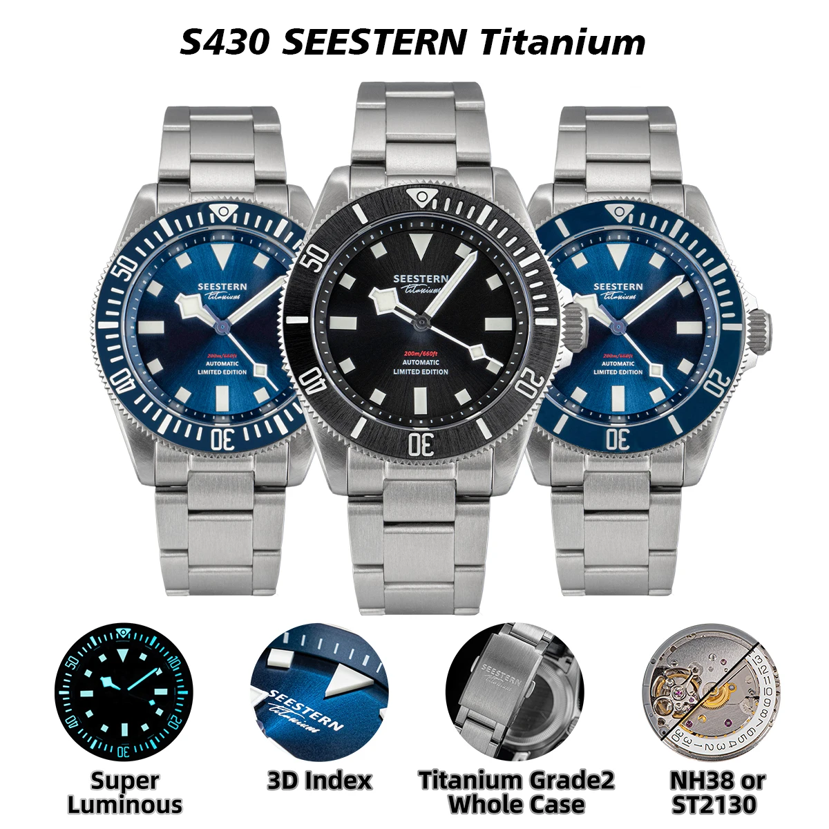 2023 SEESTERN Fashion Watch of Men Titanium Diving  Automatic Mechanical Wristwatch ST2130 Movement 20Bar Waterproof Super Lume