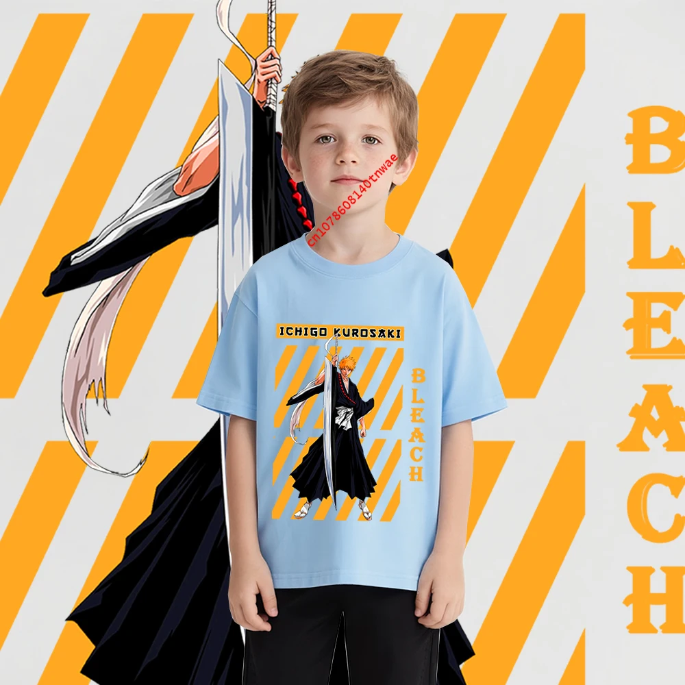 Bleach Ichigo Kurosaki Anime Print Cotton T Shirt for Boys Cartoon T shirts Kids Short Sleeve Tee Childrens Clothing view 5