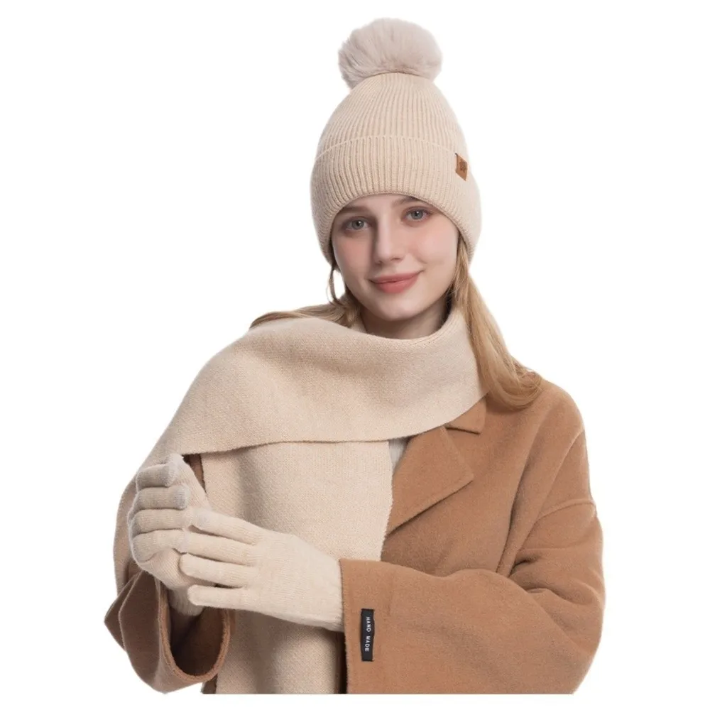 3Pcs/Set Warm Winter Hat Scarf Gloves Set Lining Thicken Knit Beanie Snood Set Soft Elastic Touchscreen Gloves for Men Women