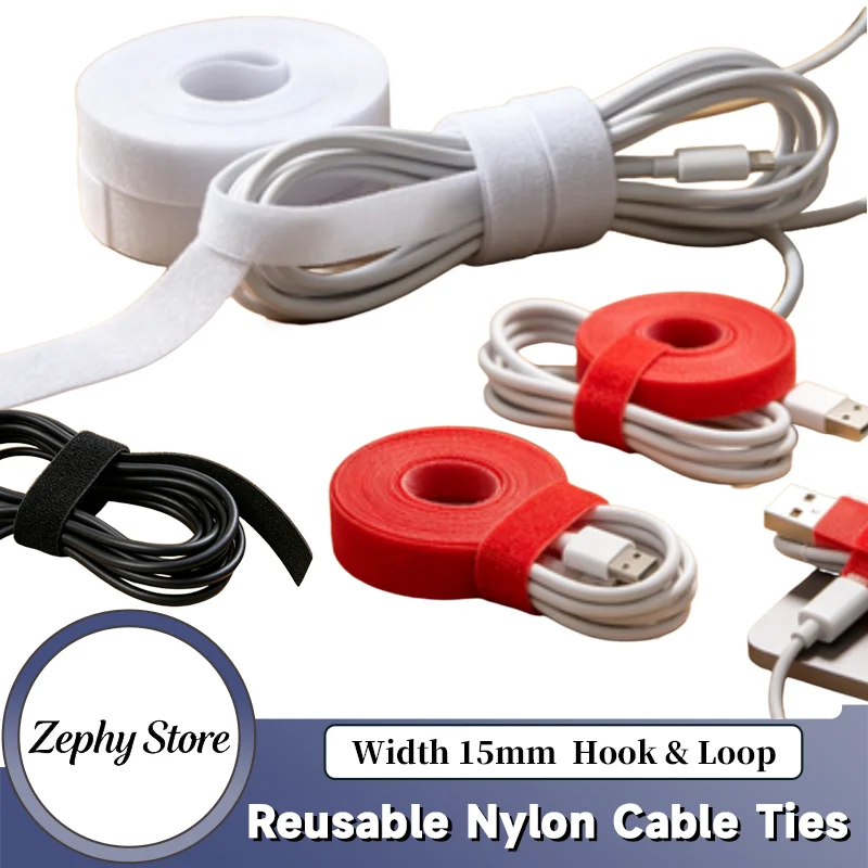 

1~40rolls Nylon Reusable Cable Ties Hook & Loop Bundle Fastener Strap Wire Holder Management Organizer Width 15mm x 5m/roll