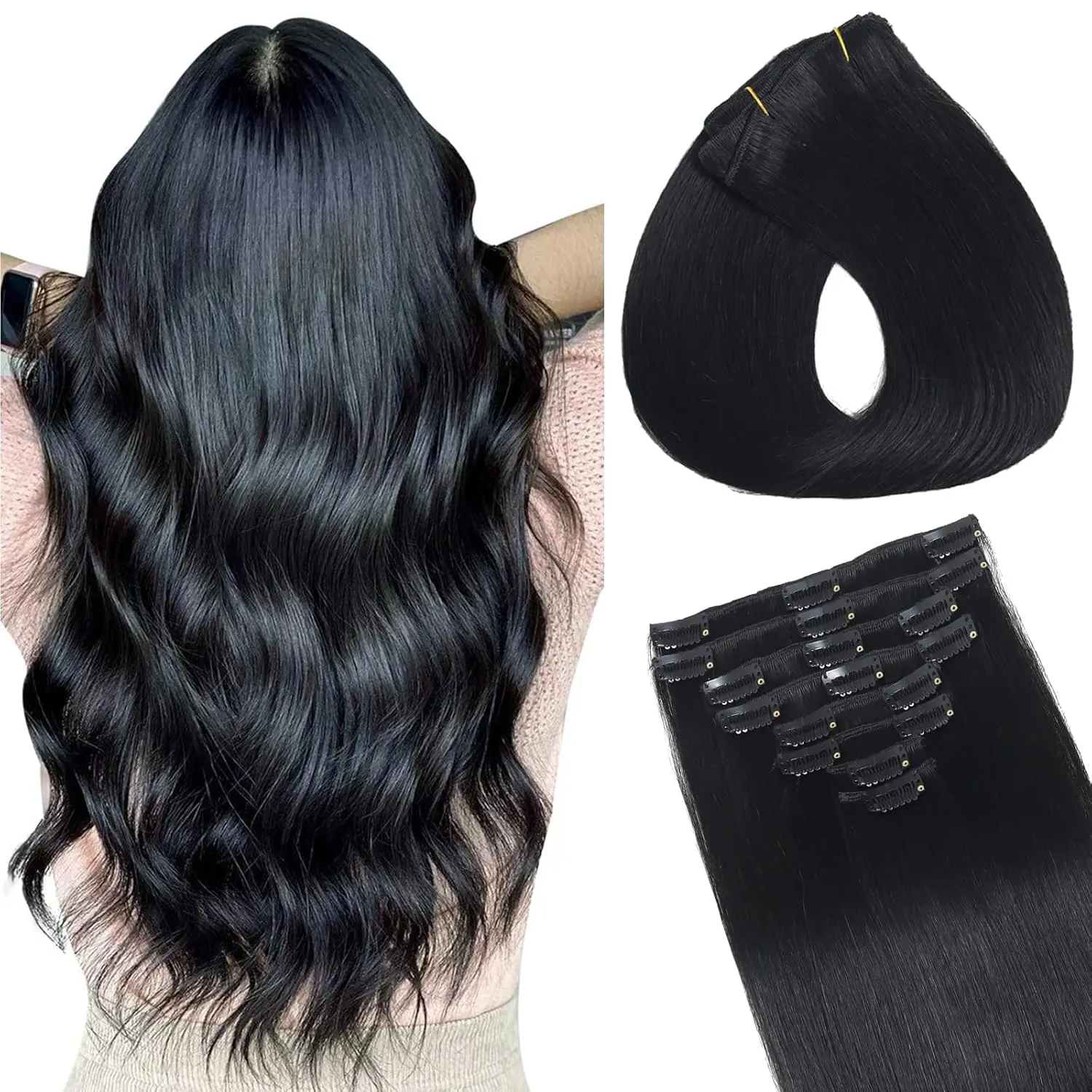 

120g/8pcs Bone Straight Clip In Hair Extensions Brazilian Hair Full Head Clip In Human Hair Extensions Natural Black For Women