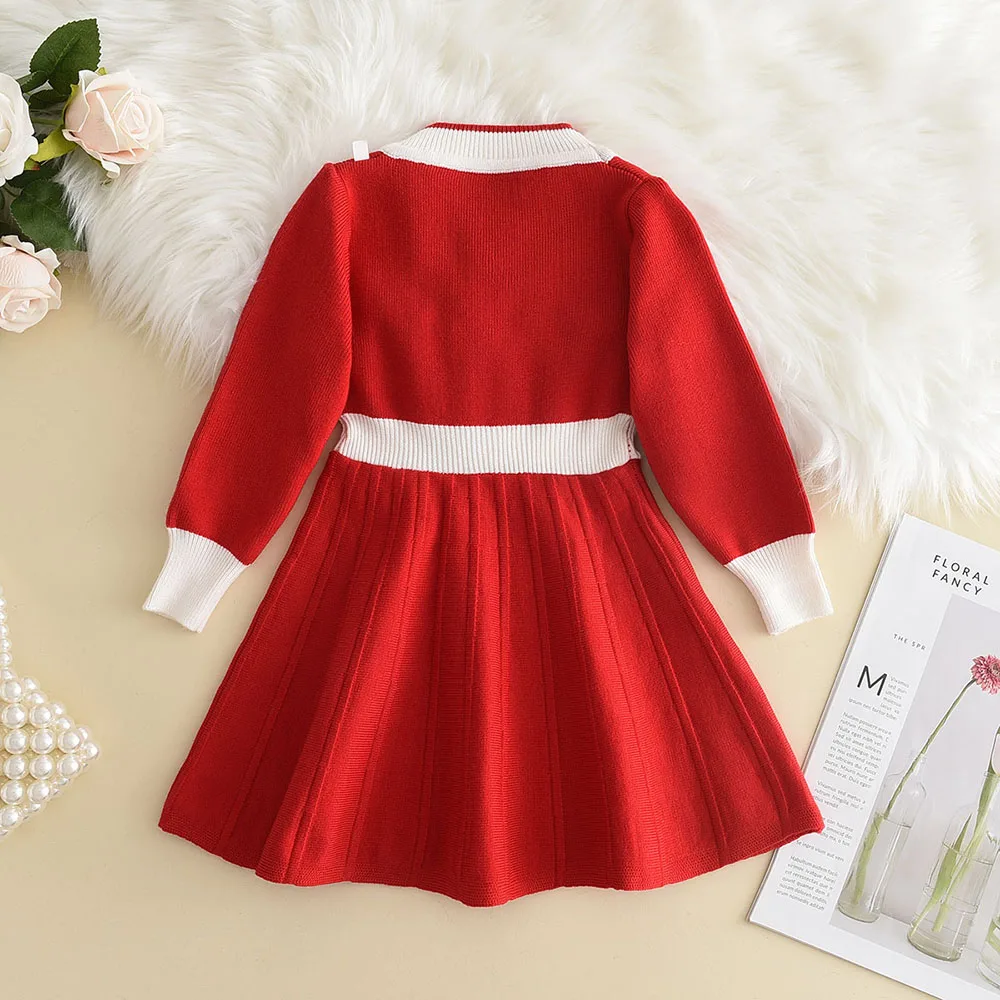 Bear Leader Winter New Year Red Girl Knitting Wool manica lunga Splicing Dress Girl Baby Bow Fashion dresses vestiti di natale