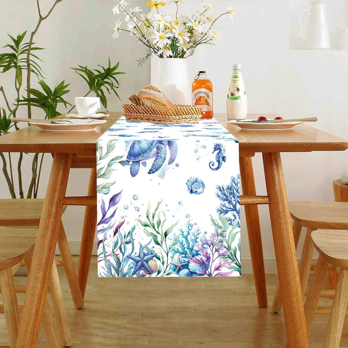

Summer Sea Turtle Coral Beach Table Runner Dresser Scarf Table Decor Reusable Kitchen Table Runners Party Decorations