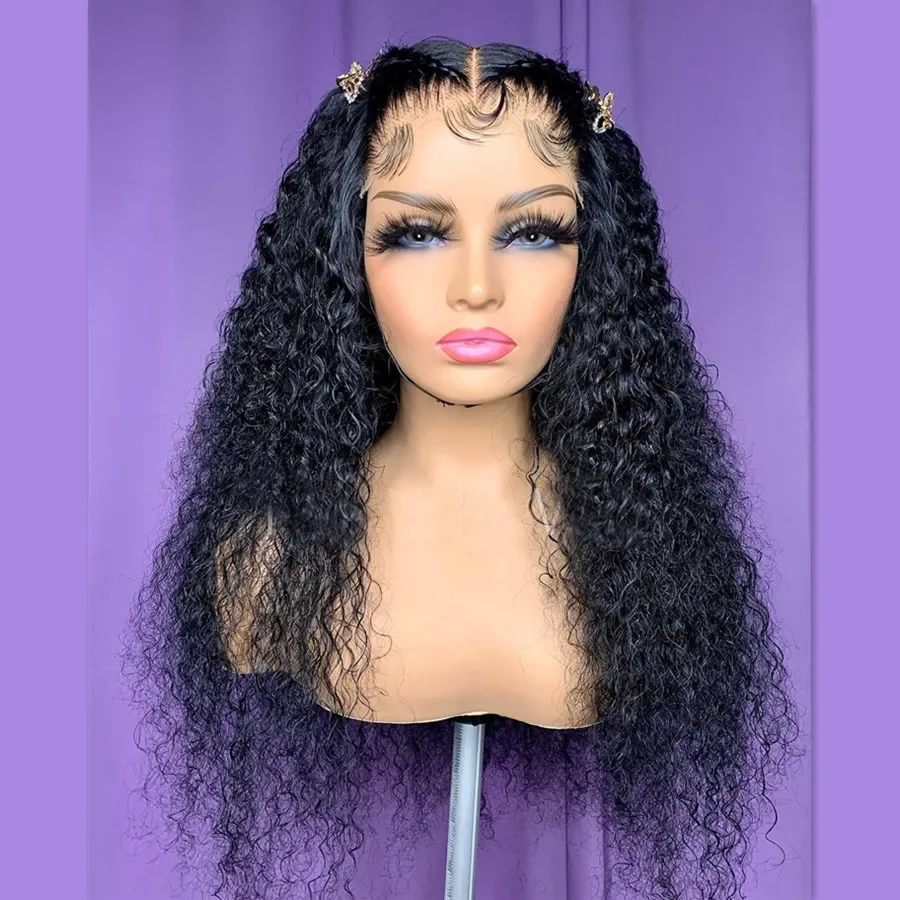 Peluca rizada larga y suave de encaje frontal para mujer, pelo de bebé prearrancado, resistente al calor, sin pegamento, color negro Natural, 180de densidad, 26"