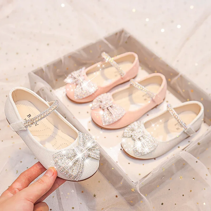 Children Mary Janes for Party Wedding Shows Girls Flats Shiny Rhinestones Bow Round-toe 2024 Kids Shoes Non-slip Moccasin Shoes