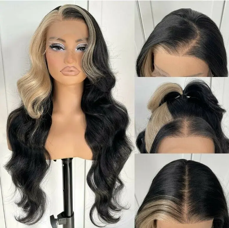 

Lace Front Wig Black Platinum Blonde Highlights Wavy Heat Resistant 24 In Beauty