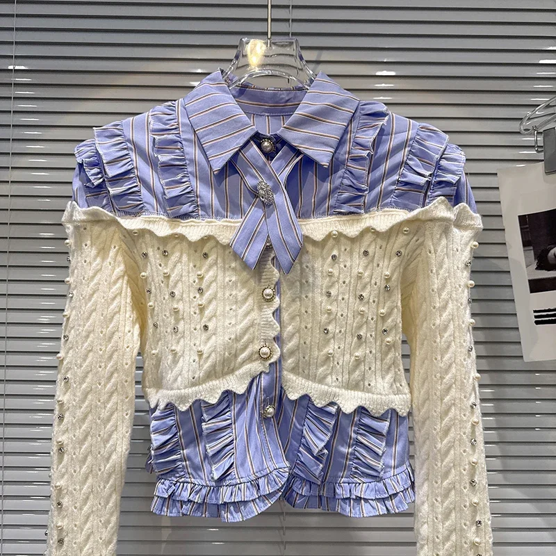 2026 Sweet Fake Two-piece Top Fashionable Pearl Knitted Spliced Lapel Short Long-sleeved Shirt Autumn Y2K Casual Versatile Top