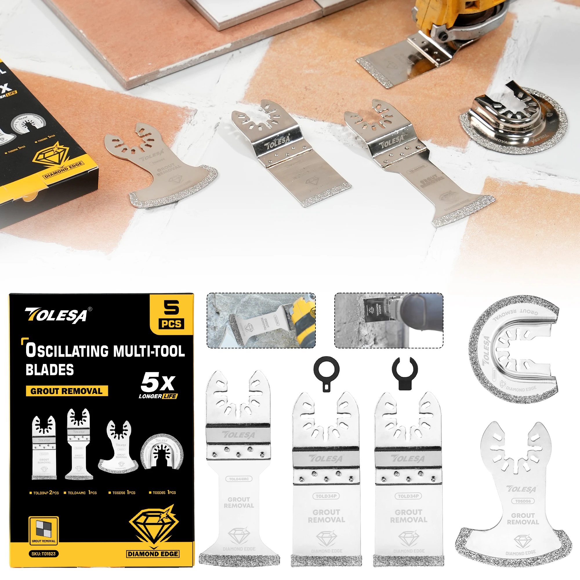 

TOLESA 5Pcs Diamond Oscillating Multi Tool Blades Set Precise & Clean Cutting Diamond Blades for Remove Grout, Clean Mortar