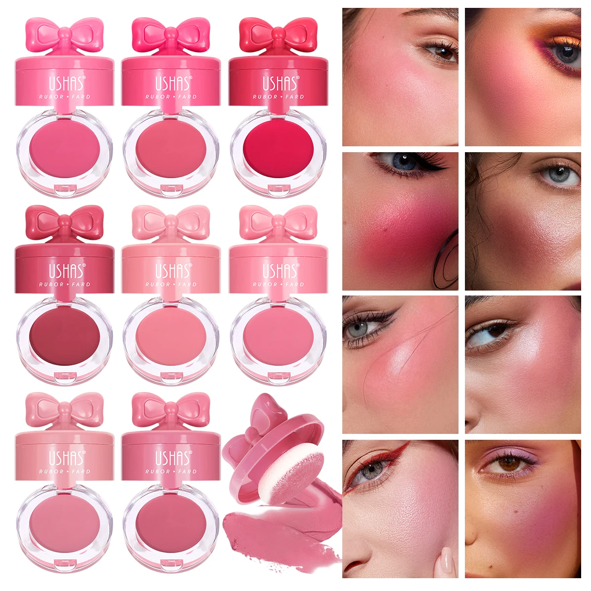 USHAS, verkrijgbaar in 8-kleuren, blushcrème, met spiegel, gezichtscrème en poeder in één verpakking, waterdicht.