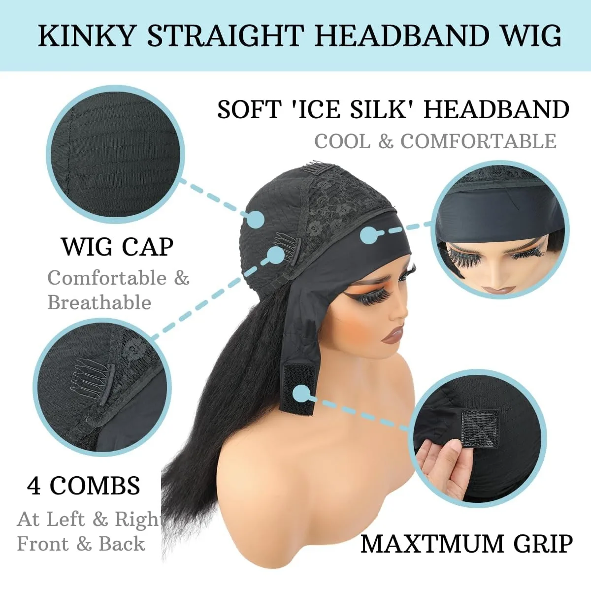 Kinky Straight Stirnband-Perücken 22 Zoll für schwarze Frauen, Kinky-Perücken mit Stirnband, kleberlos, ohne Lace-Front, synthetische Yaki-Stirnband-Perücke – Detail 4