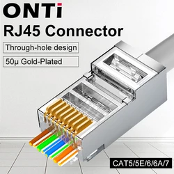 ONTi 10/50/100 stücke CAT5E CAT6 CAT7 Stecker RJ45 Stecker 50U Gold Überzogene Ende Pass Durch Netzwerk kabel Modulare 8P8C Stecker