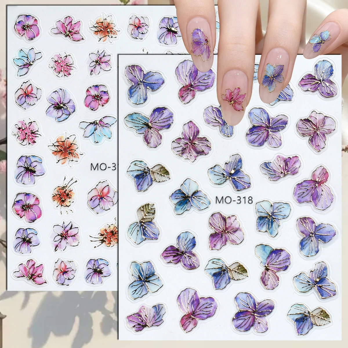 2/4/8 Sheets 5D Watercolor Hydrangea Flower Petal Gilded Gold Embossed DIY Manicure Self-Adhesive Nail Art Stickers