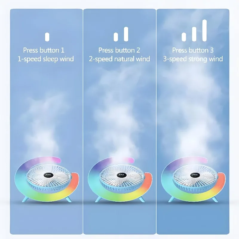 Inventory Mini Portable Fan Desktop Rainbow Light Spray Charging Small Smart Adjustable Silent home office dormitory