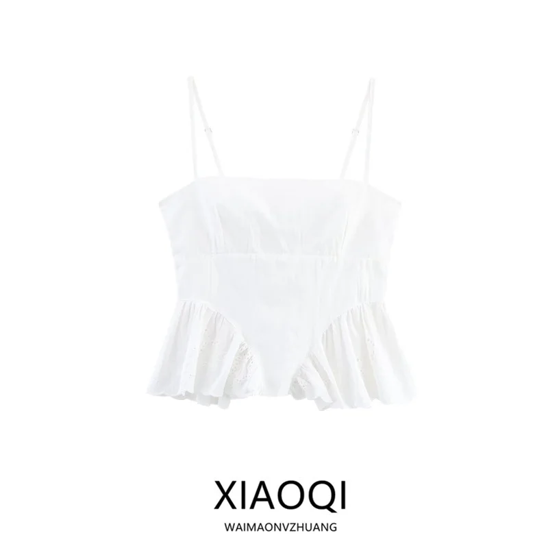 Letnia kolekcja 2025: Nowy damski top typu bustier z jedwabnej gazy na ramiączkach, podkreślający biust, wyszczuplający, uniwersalny, dopasowany, o długości midi...