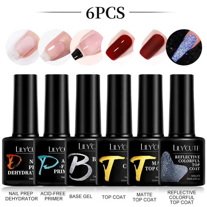 LILYCUTE 6 pcs/3 pcs/2 pcs 7ml เจลเล็บชุดฐานเจลและ Top Coat กึ่งถาวร Soak Off UV เคลือบเงาเล็บ