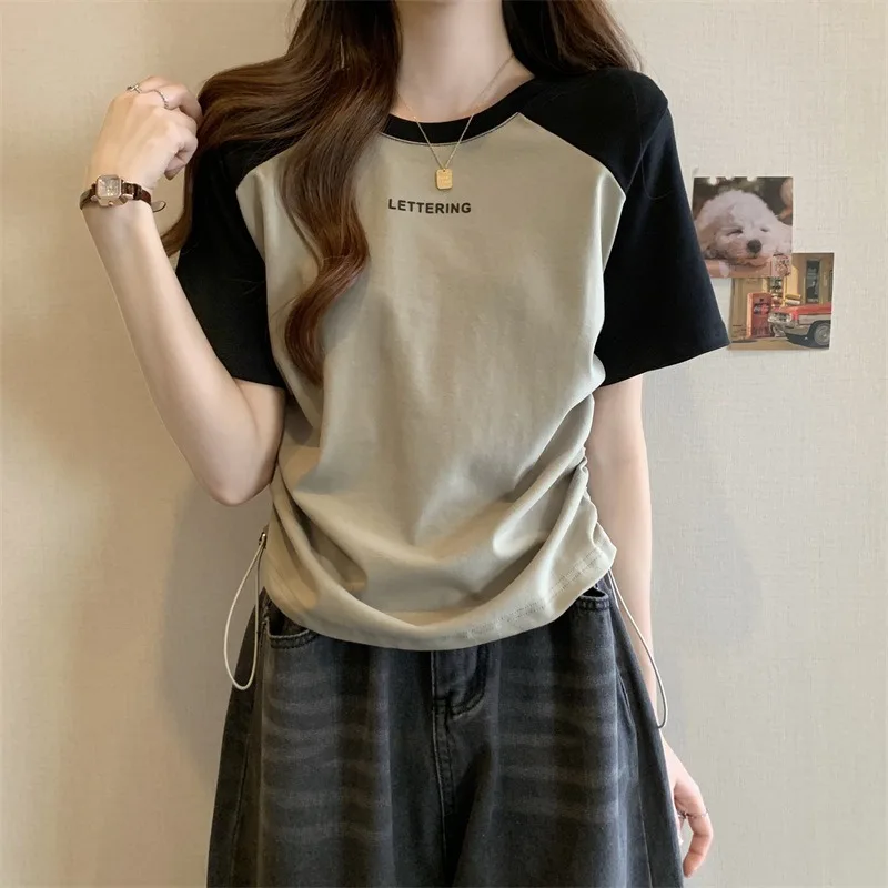Short-sleeved T-shirt Women's Summer Printed Letter Base Layer Large-sized Slimming Casual Shoulder Contrasting  Drawstring Top