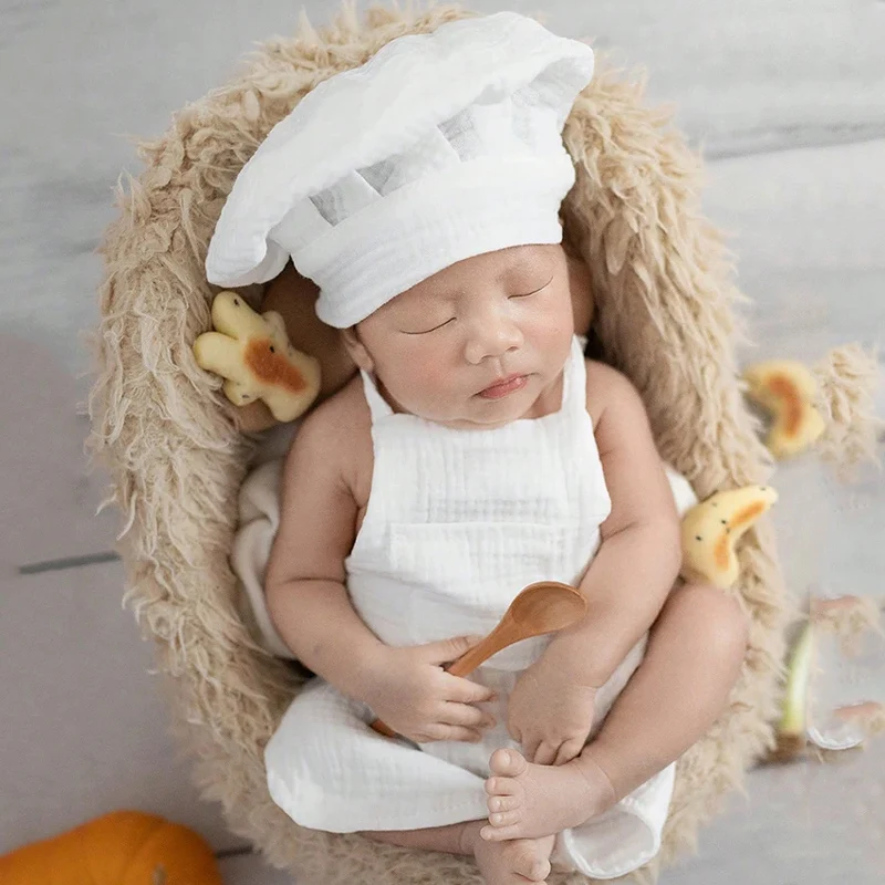 3 Pieces Set Newborn Chef Hat Set with Wooden Spoon Infant Photography Outfit Photoshoot Props Photo Studio Costume