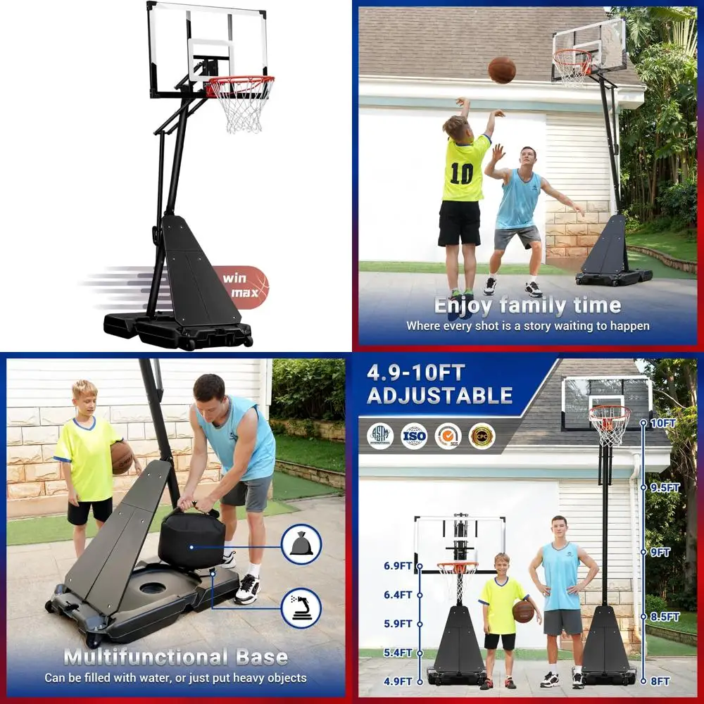 Portable Outdoor Basketball Hoop with Shatterproof Backboard and Large Base, Suitable for Youth and Adults, Durable Basketball G