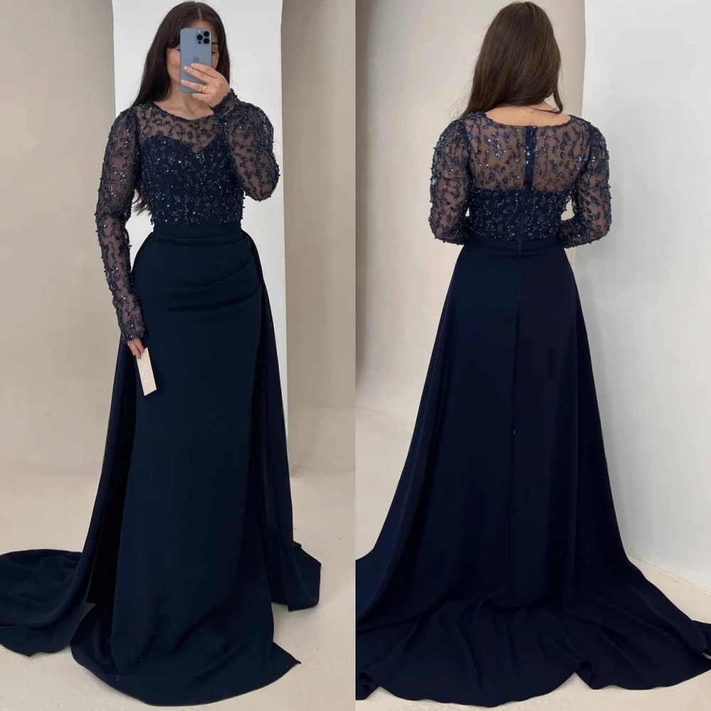 Customized Simple Jersey O-Neck Evening Dress Classic Long Sleeves Homecoming Dresses Delicate Beading Bespoke Occasion Gowns