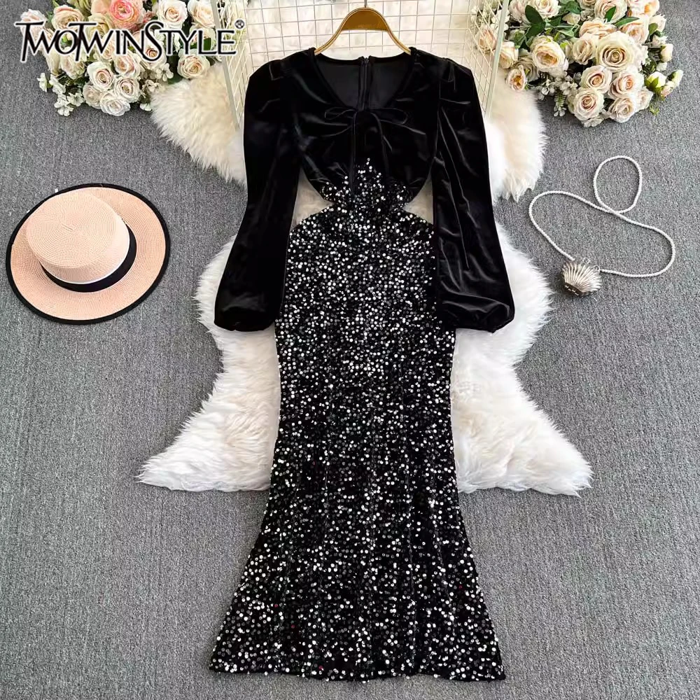 

TWOTWINSTYLE Solid Spliced Sequins Elegant Dresses For Women V Neck Long Sleeve High Waist Temperament Dress Female KDR513193