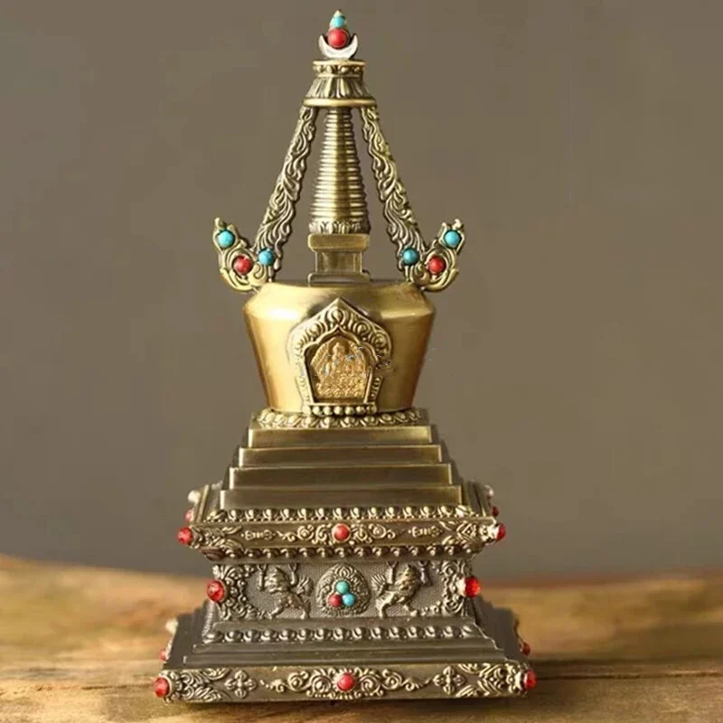 

Bronze Tibetan Stupa Tantric Engraved Buddhist Statue Pearl Inlaid Gemston Alloy
