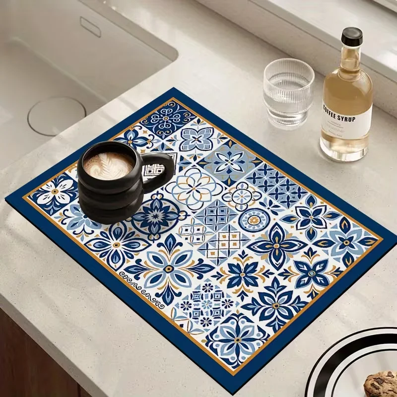 Super Absorbent Kitchen Counter Pad Retro Blue Tile Pattern Fast Drying Mat Protection Dustproof Coffee Bar Plate Dish Placemat